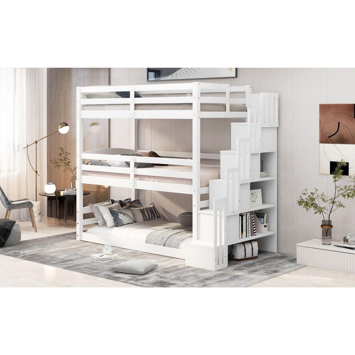 Twin Size Triple Bunk Bed with Storage Staircase,Separate Design,White