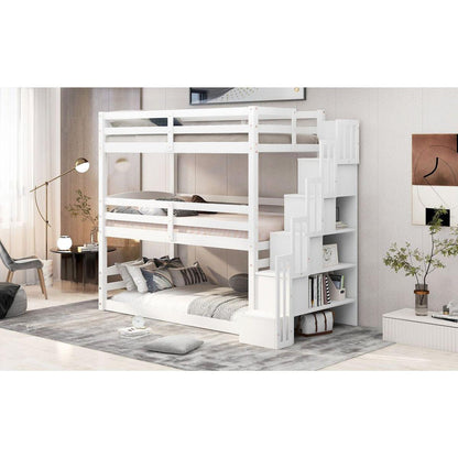 Twin Size Triple Bunk Bed with Storage Staircase,Separate Design,White