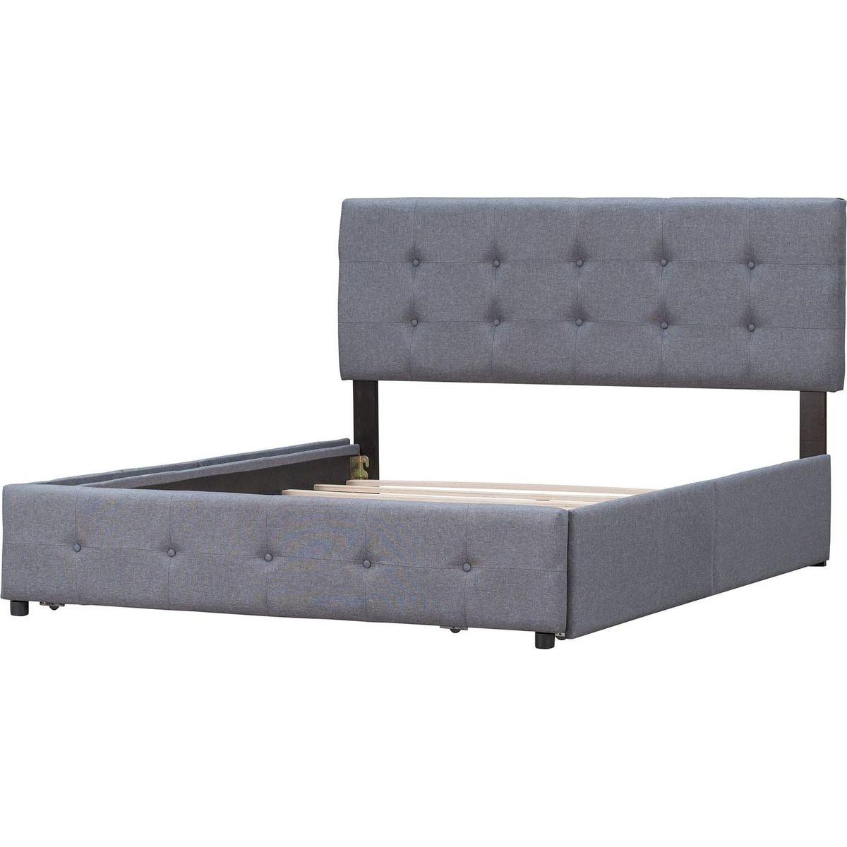 Upholstered Platform Bed with Classic Headboard and 4 Drawers, No Box Spring Needed, Linen Fabric, Queen Size Dark gray
