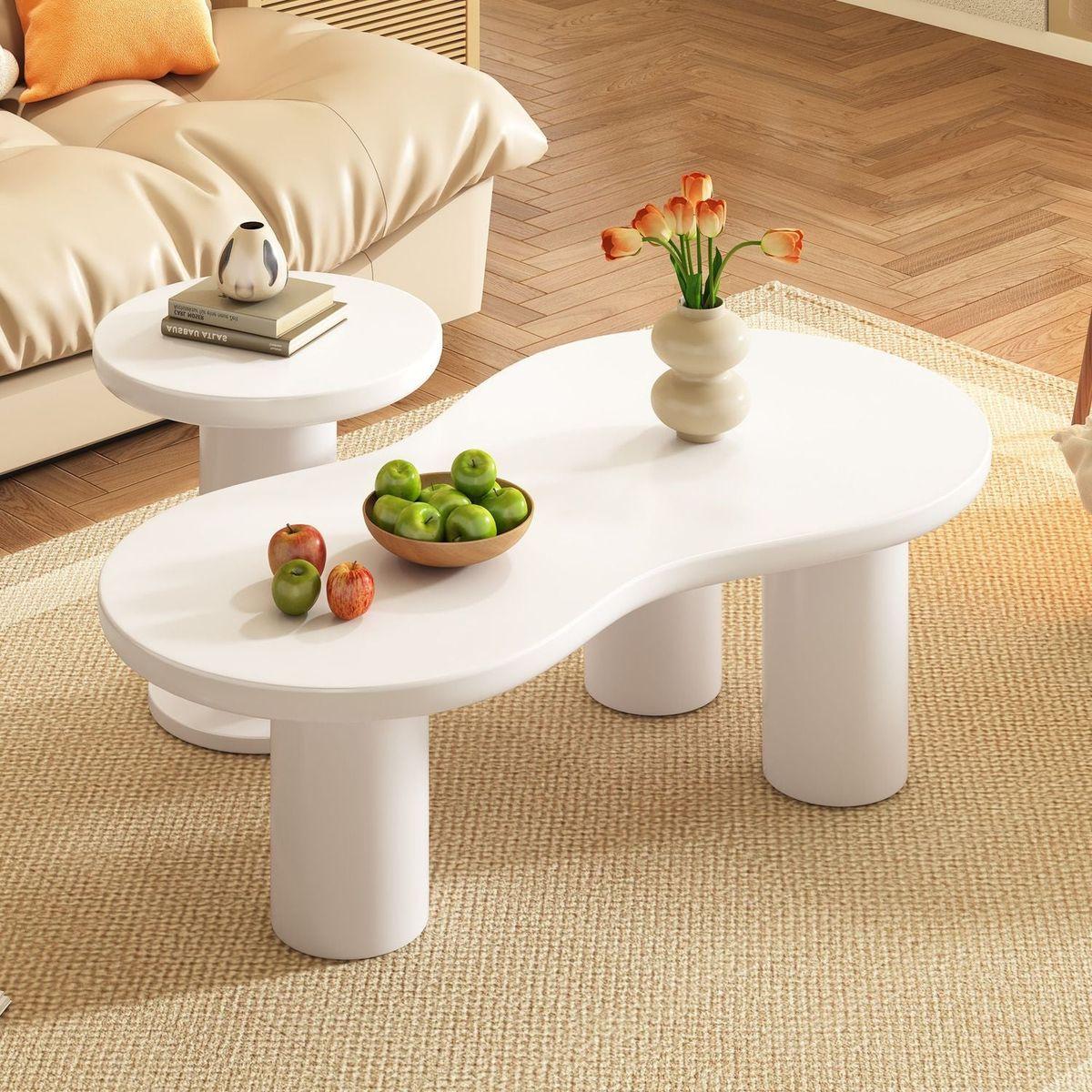 Easy Assembly Nesting Coffee Table Set of 2, Cream Style Cloud Coffee Table with Round Small Side Table, Irregular Center Table with Thick Legs for Living Room, White, 39.3"x 13.7",桅15.7"
