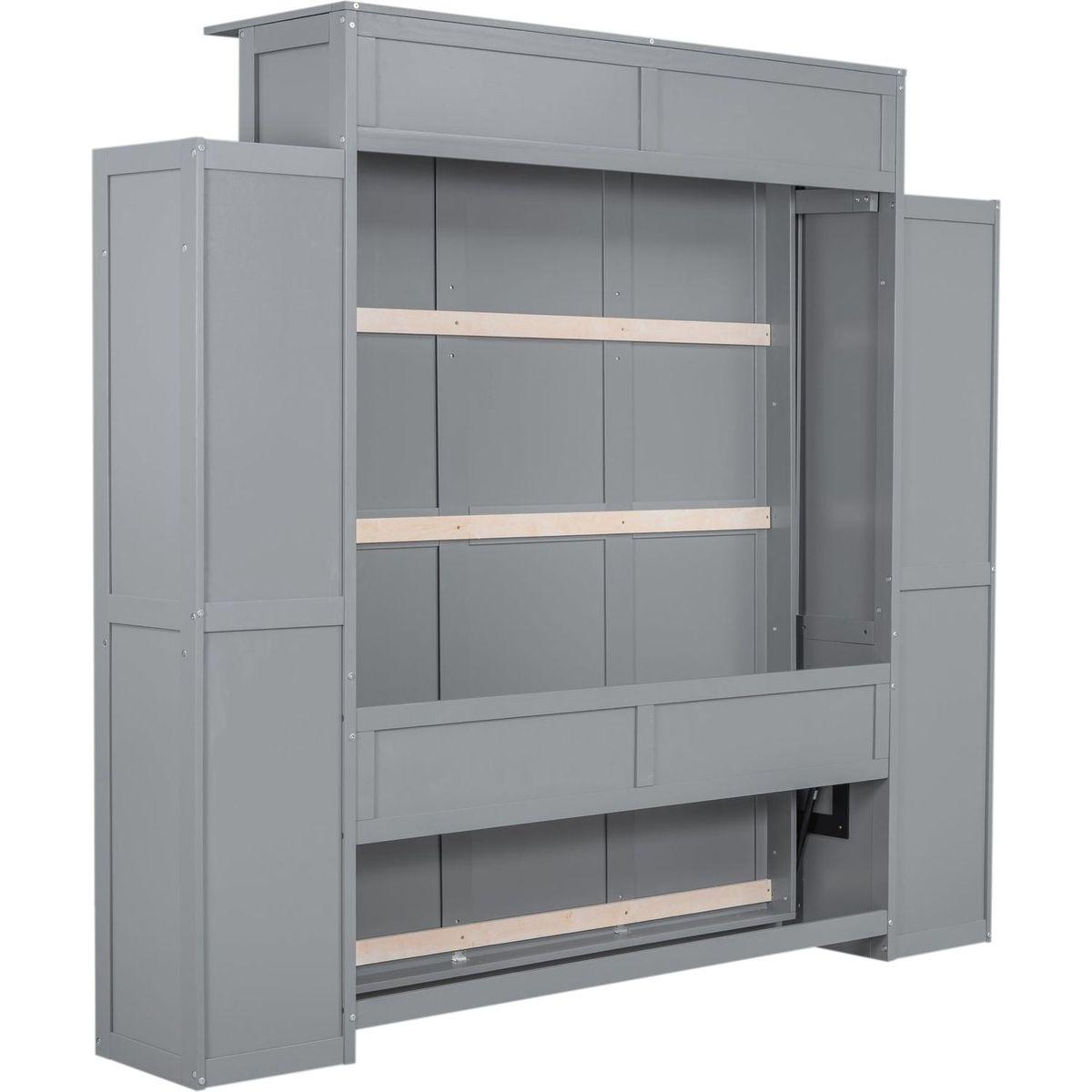 Queen Size Murphy Bed Wall Bed with Shelves and LED Lights,Gray