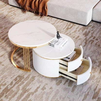 Modern 2 Pieces White Round Nesting Coffee Table with Drawers in 27.6"