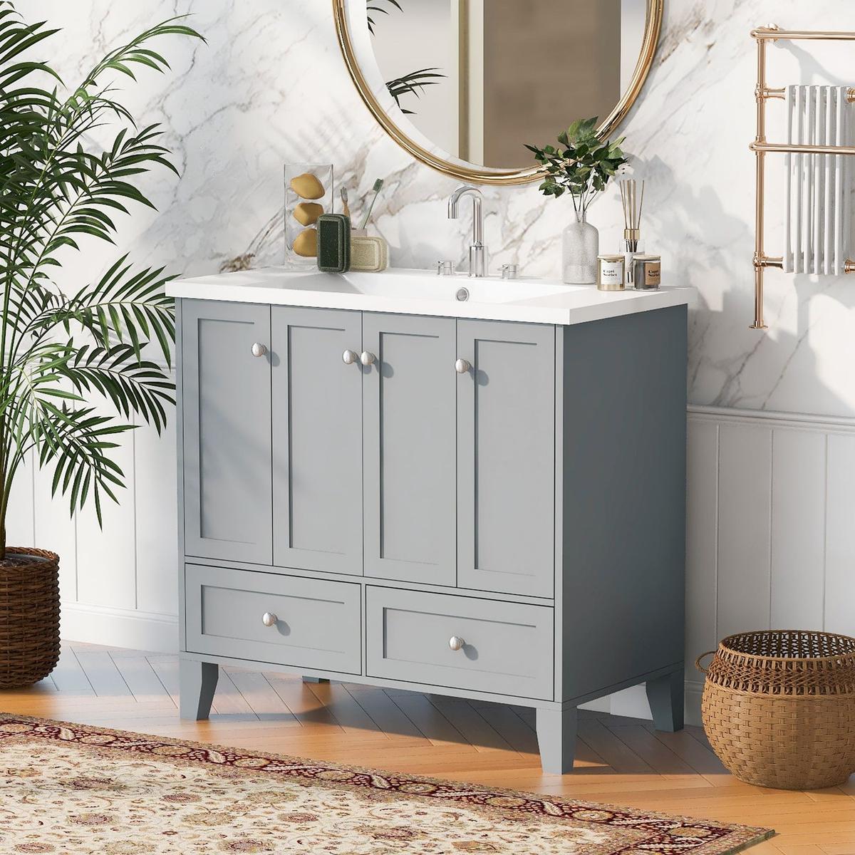 36" Bathroom Vanity with Resin Sink Combo,Solid Wood Frame Bathroom Storage Cabinet, Freestanding Vanity Set with 4 Soft Closing Doors& 2 Drawers