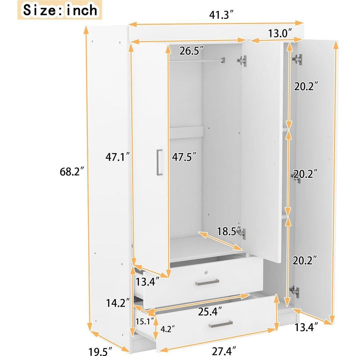 3-Door Mirror Wardrobe with shelves, White - Streamdale Furniture