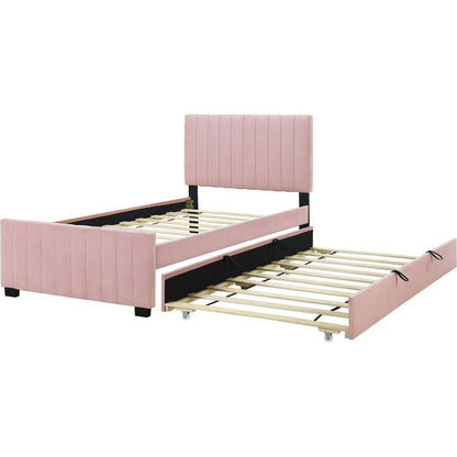 Twin Size Velvet Upholstered Platform Bed with Twin Size Trundle, Pink