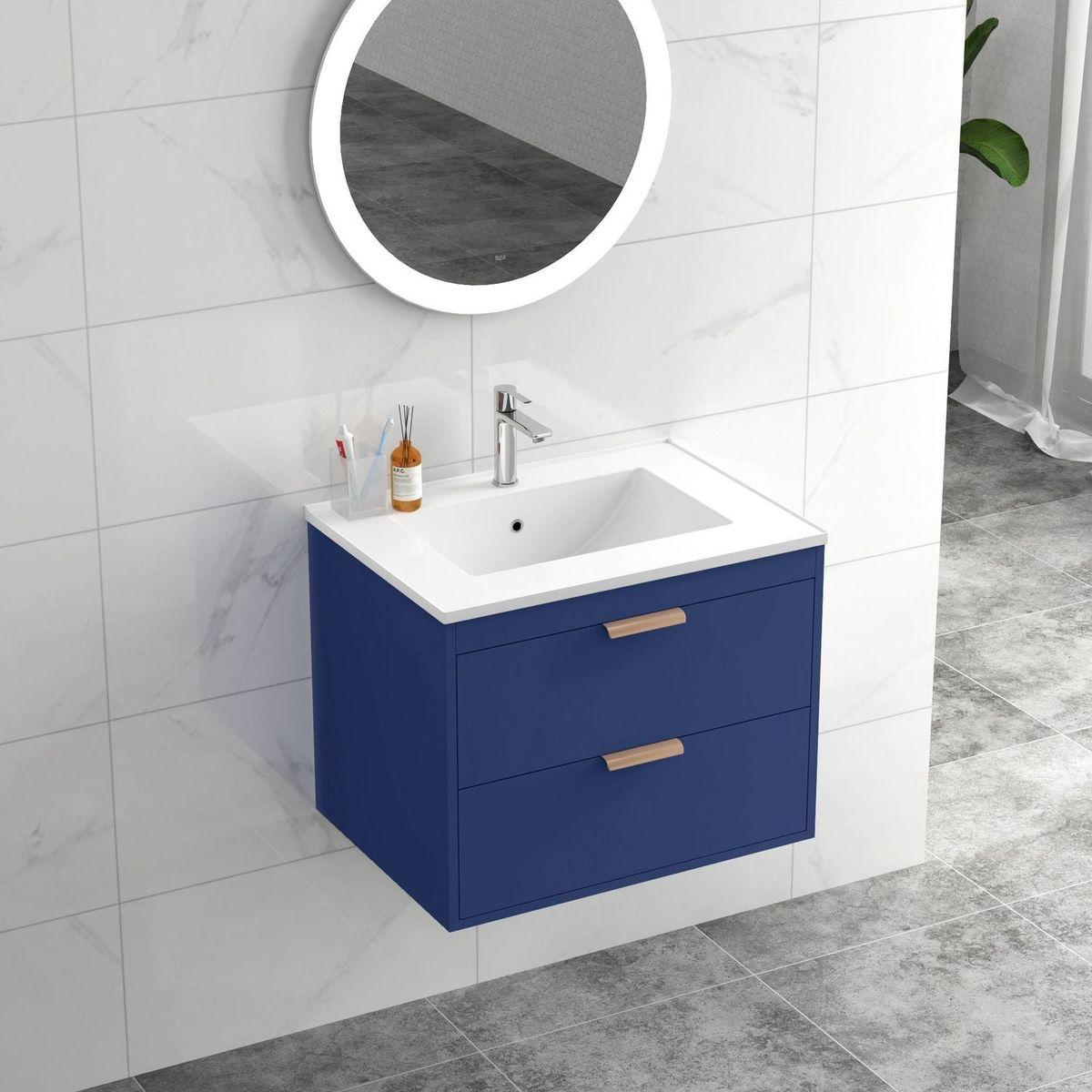 24" floating wall mounted bathroom vanity with white ceramic sink and drawer storage