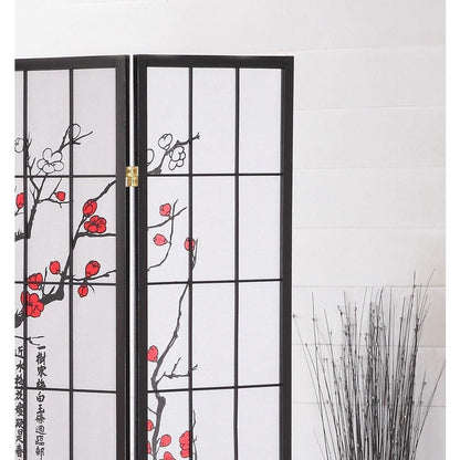 Black Japanese 4-Panel Screen Room Divider, Plum Blossom