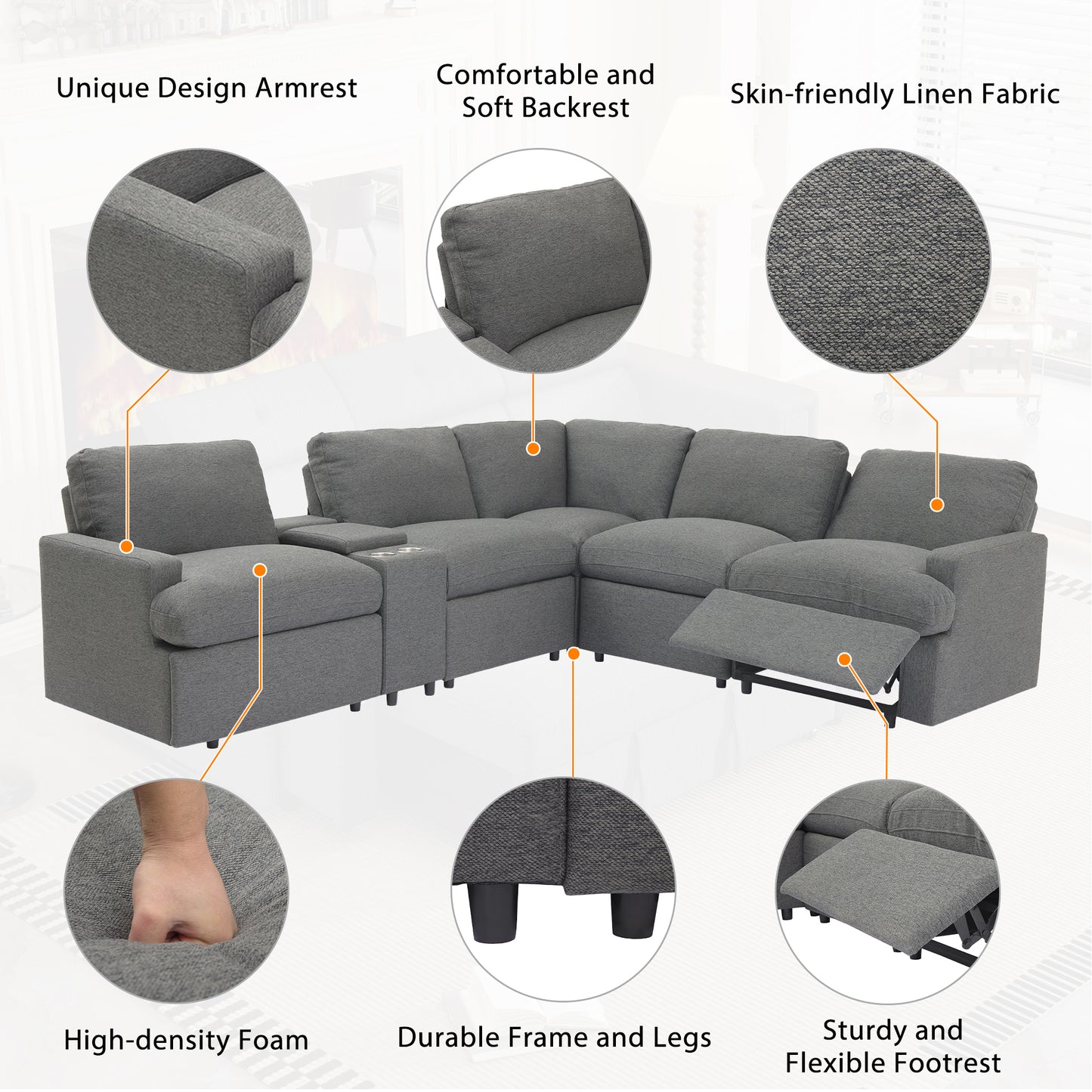 104" Power Recliner Corner Sofa Home Theater Reclining Sofa Sectional Couches with Storage Box, Cup Holders, USB Ports and Power Socket for Living Room, Dark Grey