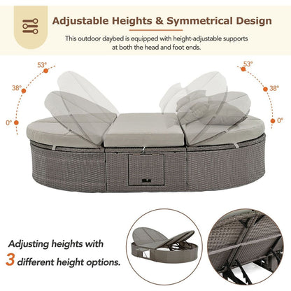Outdoor Sun Bed Patio 2-Person Daybed with Cushions and Pillows, Rattan Garden Reclining Chaise Lounge with Adjustable Backrests and Foldable Cup Trays for Lawn,Poolside, Gray