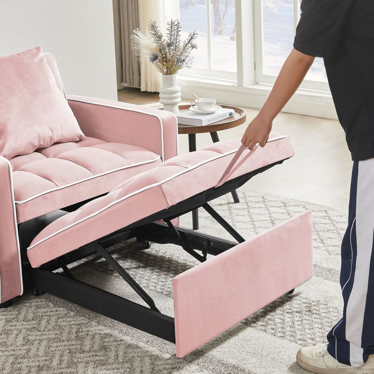 Three-in-one sofa bed chair folding sofa bed adjustable back into a sofa recliner single bed adult modern chair bed berth Pink