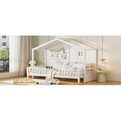 Twin Size House Bed with Shelves, House Bed with Window and Sparkling Light Strip on the Roof, White