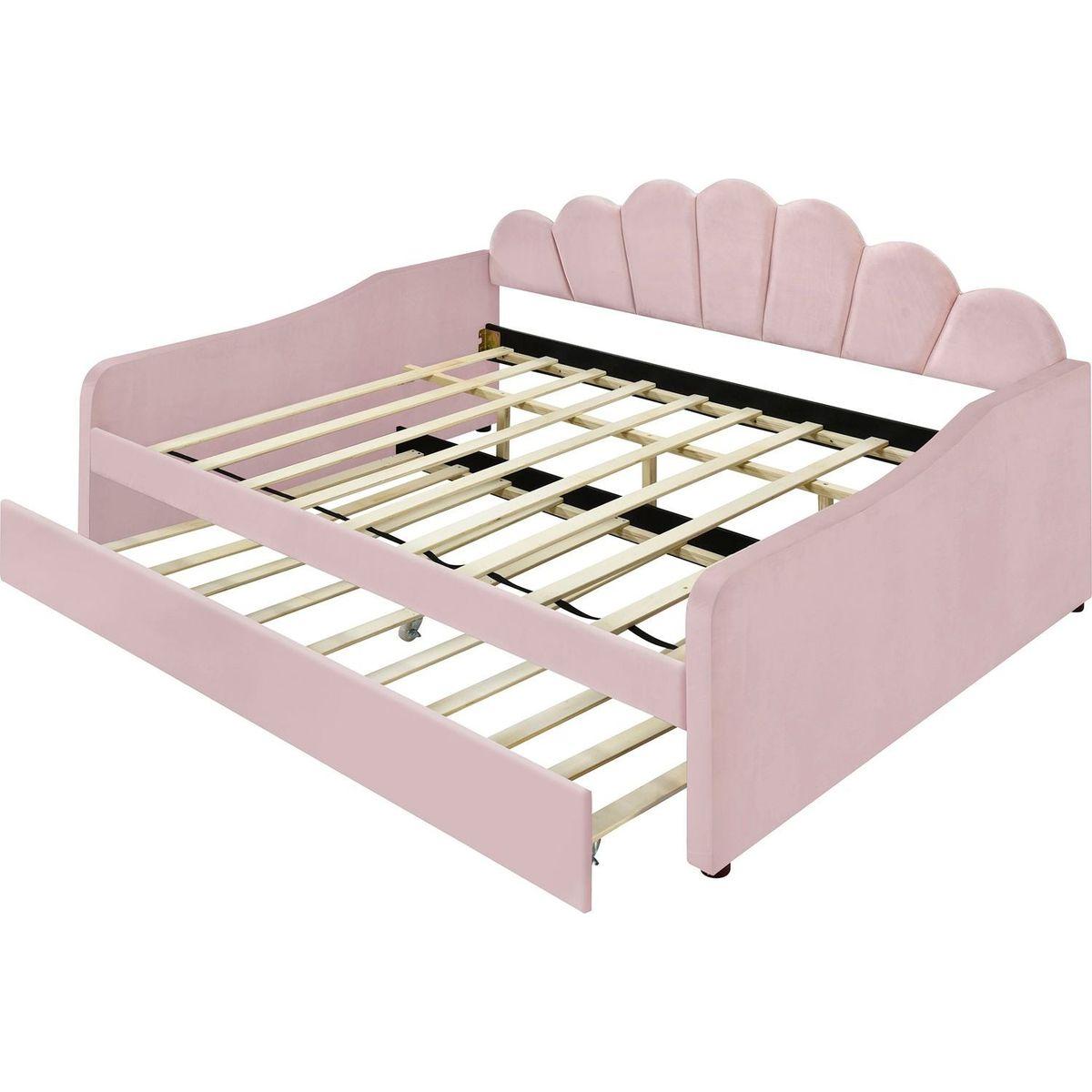 Full Size Upholstery Daybed Frame with Shall Shaped Backrest and Trundle,Pink