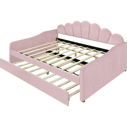 Full Size Upholstery Daybed Frame with Shall Shaped Backrest and Trundle,Pink