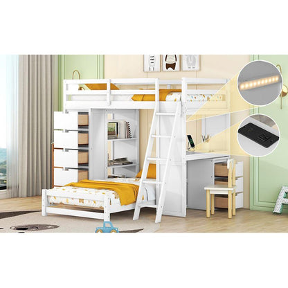 Twin over Twin Bunk Bed with LED Light and USB Ports, White