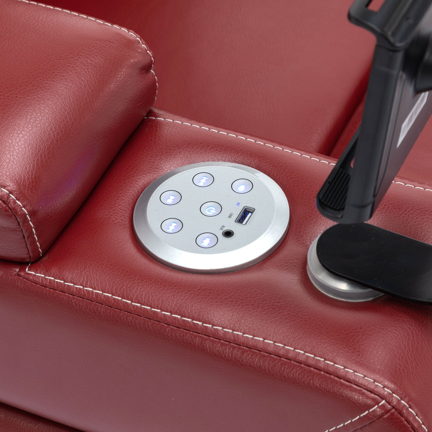 270 Degree Swivel PU Leather Power Recliner Individual Seat Home Theater Recliner with Surround Sound, Cup Holder, Removable Tray Table, Hidden Arm Storage for Living Room, Red