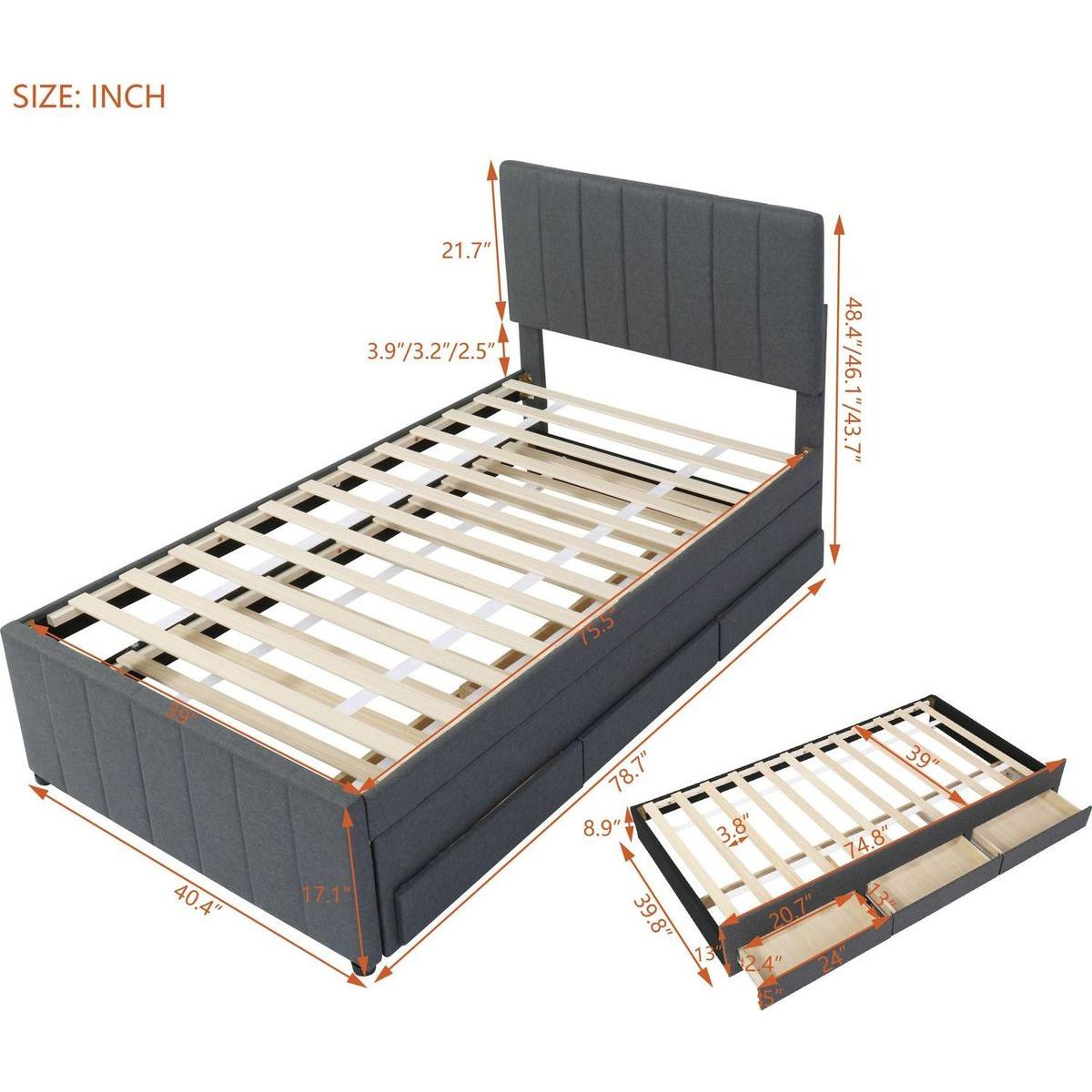 Twin Size Upholstered Platform Bed with Trundle and 3 Drawers, Linen Fabric, Gray
