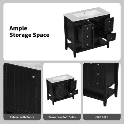 36" Bathroom Vanity with Sink Combo, One Cabinet and Three Drawers, Solid Wood and MDF Board, Black