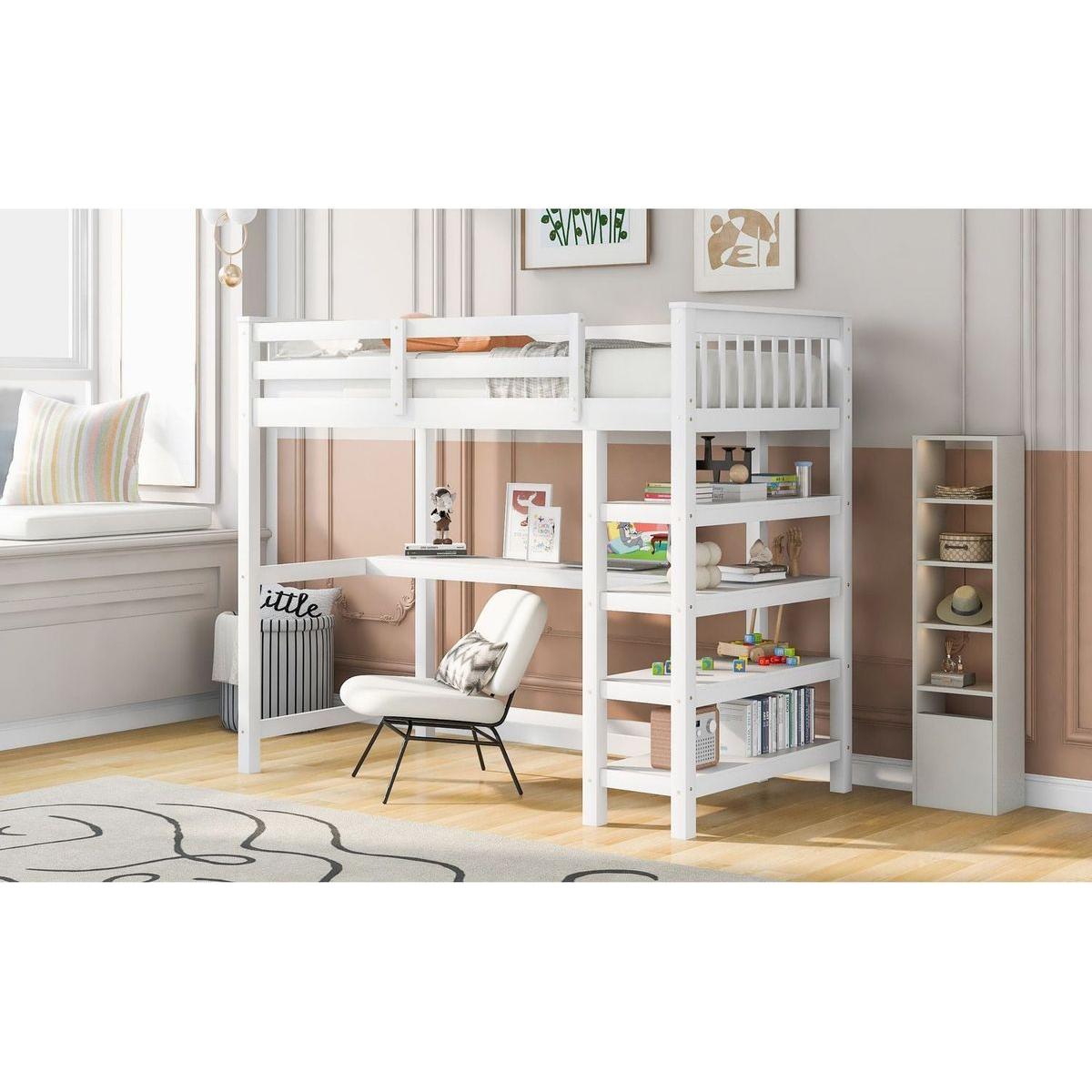 Twin Size Loft Bed with Storage Shelves and Under-bed Desk, White