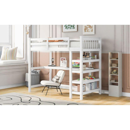 Twin Size Loft Bed with Storage Shelves and Under-bed Desk, White