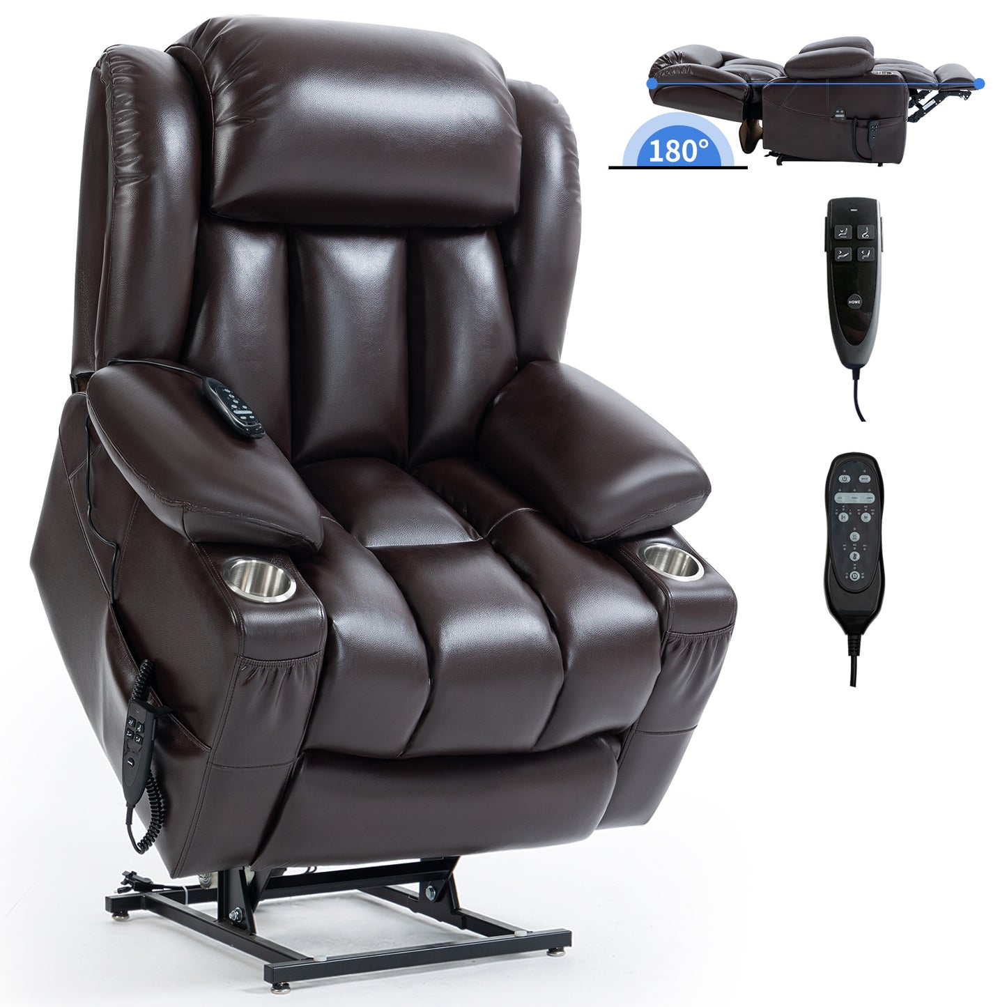 Dual Motor Infinite Position Up to 350 LBS Leatheraire Power Lift Recliner Chair, Heavy Duty Motion Mechanism with 8-Point Vibration Massage and Lumbar Heating, Stainless steel Cup Holders, Brown