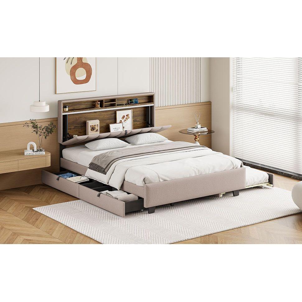 Queen size Upholstered Platform Bed with Storage Headboard, Twin XL Size Trundle & 2 drawers and a set of Sockets & USB Ports, Linen Fabric, Beige