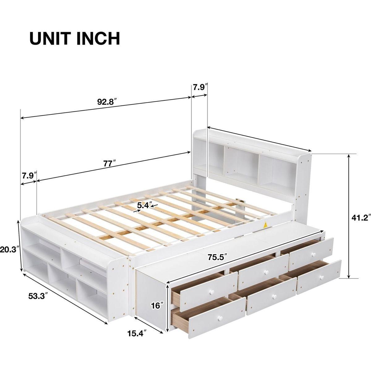 Full Bed with Bookcase Headboard, Under bed Storage Drawers and Bed End Storage Case,White