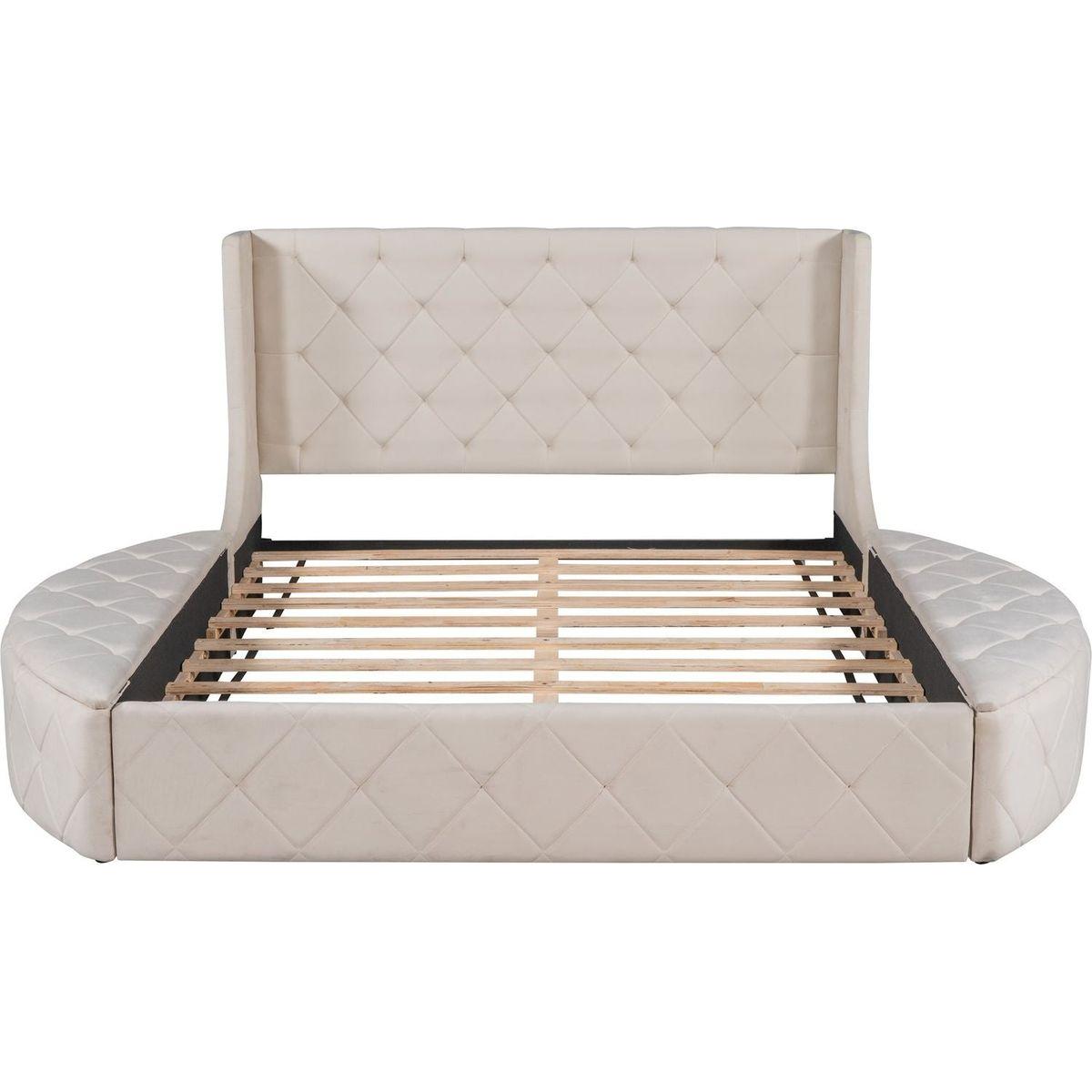 Upholstered Platform Bed Queen Size Storage Velvet Bed with Wingback Headboard and 1 Big Drawer,2 Side Storage Stool(Beige)