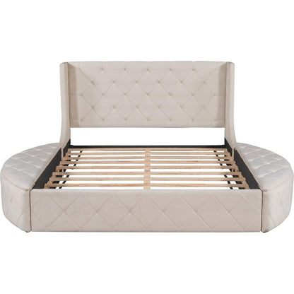 Upholstered Platform Bed Queen Size Storage Velvet Bed with Wingback Headboard and 1 Big Drawer,2 Side Storage Stool(Beige)