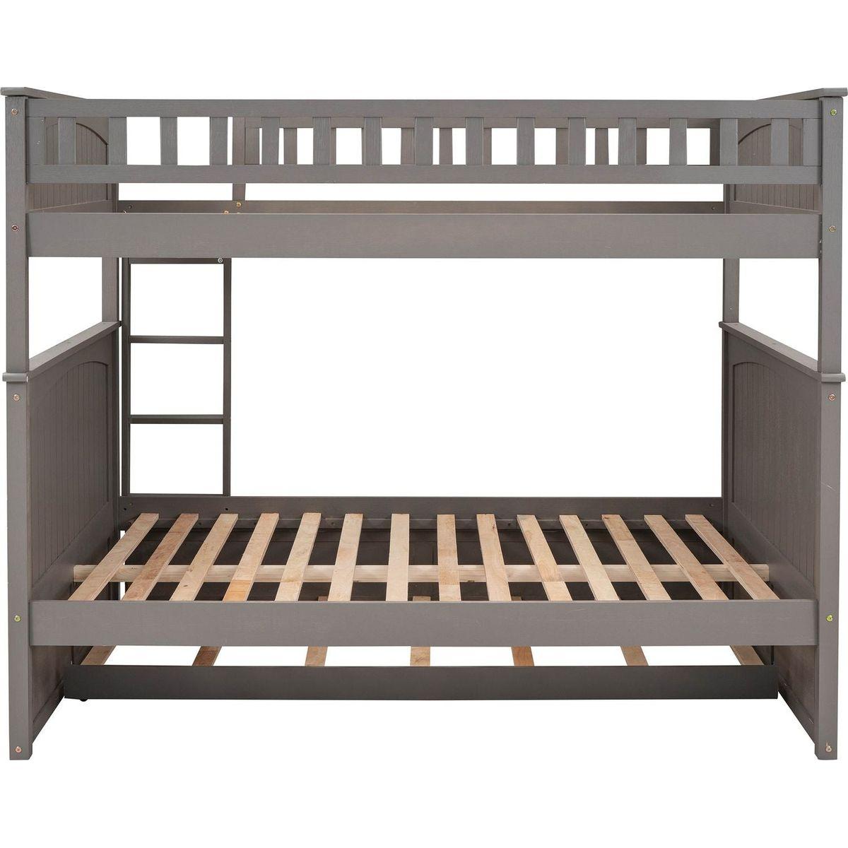 Full Over Full Bunk Bed with Twin Size Trundle, Pine Wood Bunk Bed with Guardrails, Brushed Gray