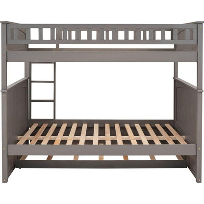 Full Over Full Bunk Bed with Twin Size Trundle, Pine Wood Bunk Bed with Guardrails, Brushed Gray