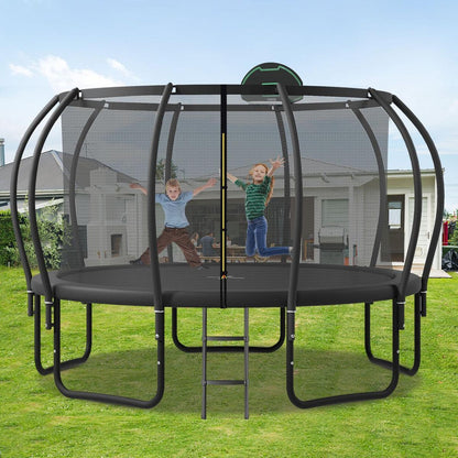 14FT Trampoline for Kids with Upgraded ArcPole and Composite TopLoop for Safety Enclosure, Plus Basketball Board and 10 Ground Stakes, Outdoor Recreational Playset Balance Physical Training Trampoline