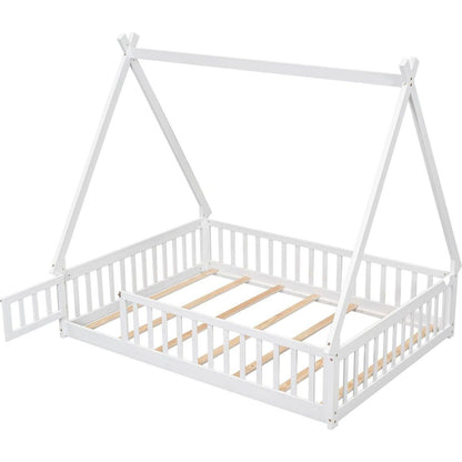 Full Tent-shaped Floor Bed, with Guardrails, Slats, Door, White