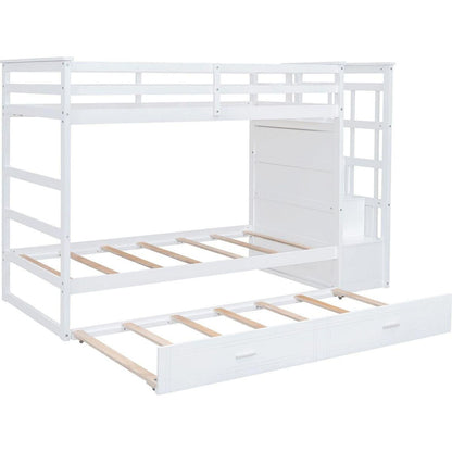 Twin Over Twin Bunk Bed with Trundle and Staircase,White