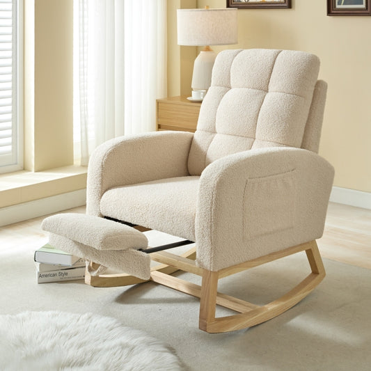 Modern Accent Rocking Chair Rocking Chair with Solid Wood Legs, adjustable Footrest,Comfy Armchair with Side Pocket, Living Room Lounge Arm Chair with High Backrest (beige,teddy)