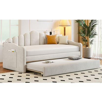 Twin size Upholstered Daybed with Trundle, Velvet Sofabed with USB Charging Ports,No Box-spring Needed,Beige