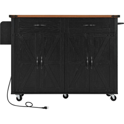 53.5"Farmhouse Kitchen Island with Power Outlet, Kitchen Storage Island with Drop Leaf, Spice Rack and Drawer, Rolling Kitchen Cart on Wheels, for Home, Kitchen and Dining Room, Black