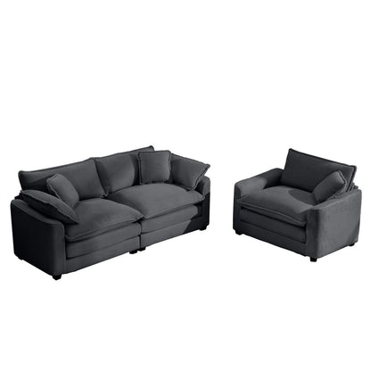 Modern Living Room Sofa Two-Piece Set, Grey Corduroy, Single and 3-Seater Sofas