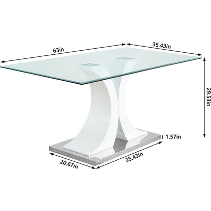 Modern style glass table, elegant transparent design, durable support base, White dining chair set, electroplated chair legs, suitable for restaurant kitchens(set of 7)