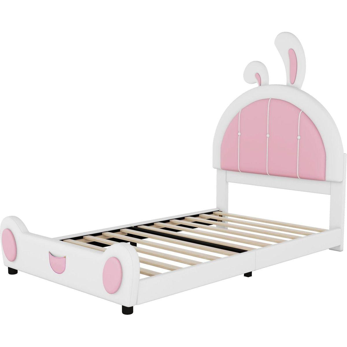 Twin Size Upholstered Platform Bed with Rabbit Shaped Headboard, White
