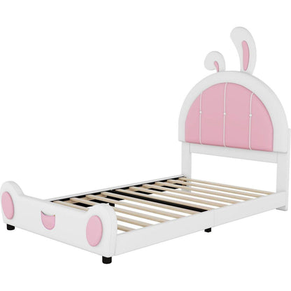 Twin Size Upholstered Platform Bed with Rabbit Shaped Headboard, White