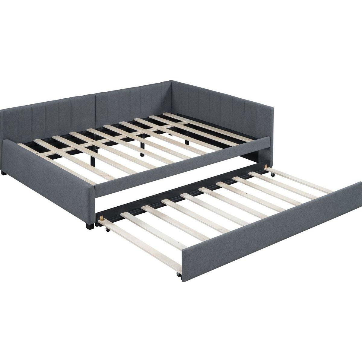 Full Size Upholstered Daybed with Trundle Sofa Bed Frame No Box Spring Needed, Linen Fabric(Gray)