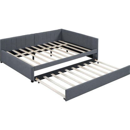 Full Size Upholstered Daybed with Trundle Sofa Bed Frame No Box Spring Needed, Linen Fabric(Gray)