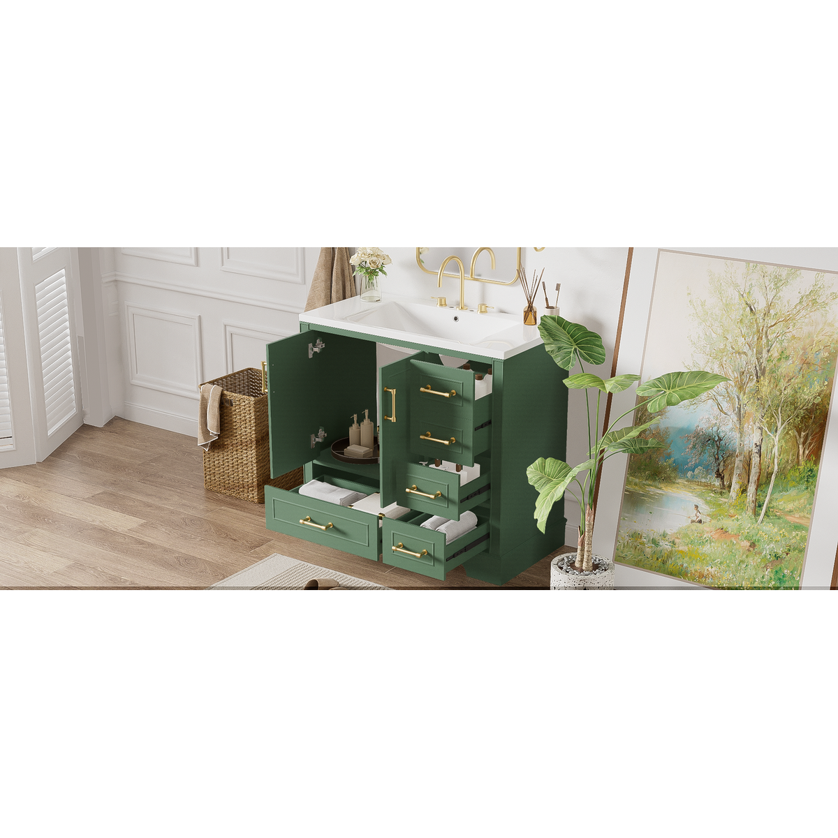 36-inch Traditional Bathroom Vanity with Resin Sink Combo Set, Green Bathroom Cabinet with Two Doors and Four Drawers