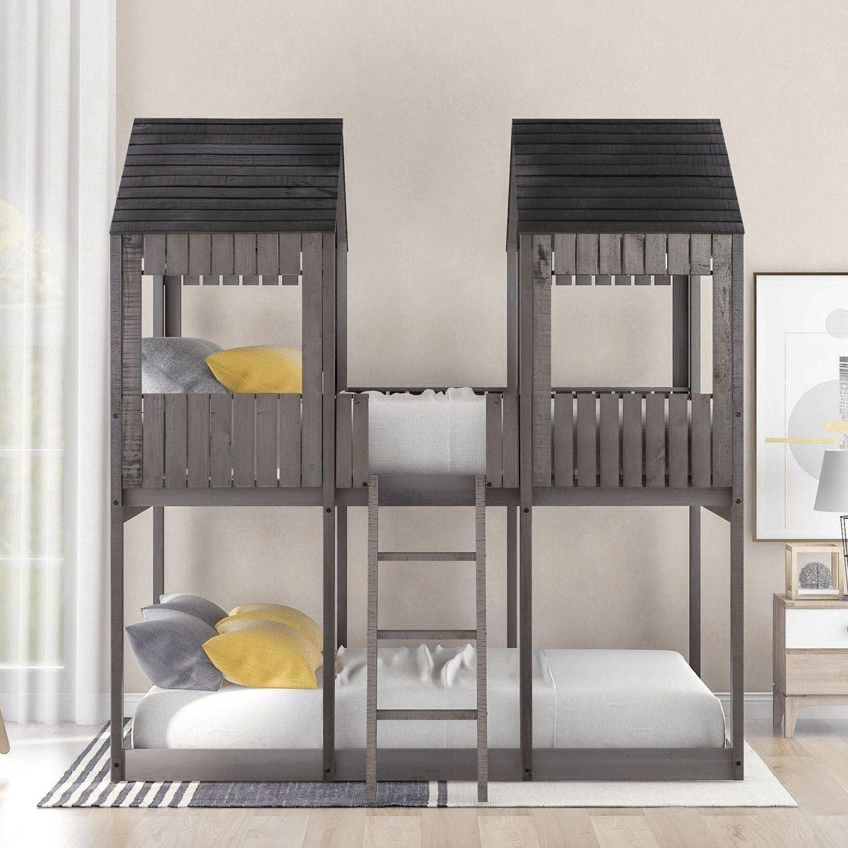 Full Over Full WoodBunk Bed with Roof, Window, Guardrail, Ladder(Antique Gray)