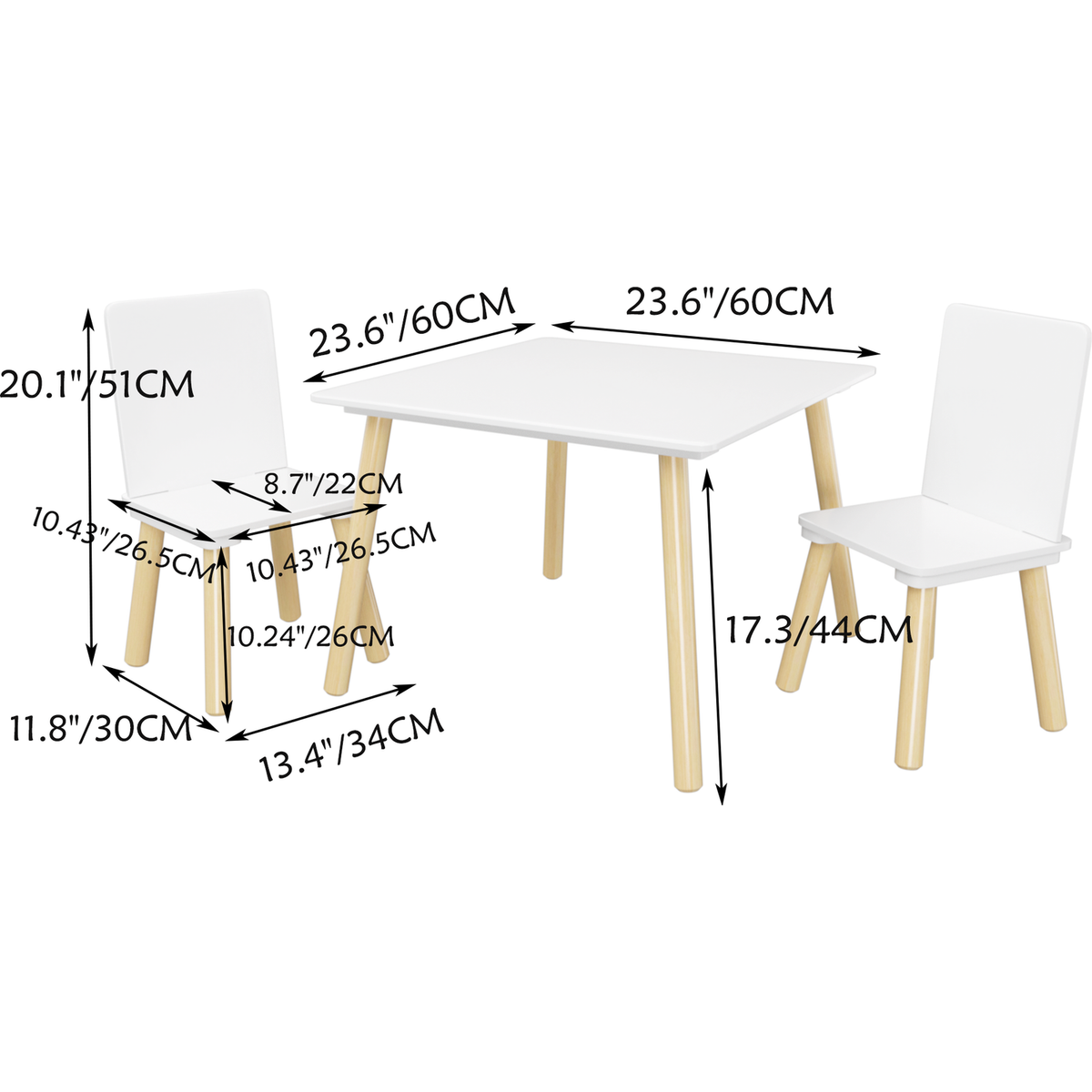 Kids Table and 2 Chairs Set, 3 Pieces Toddler Table and Chair Set, Wooden Activity Play Table Set (White)