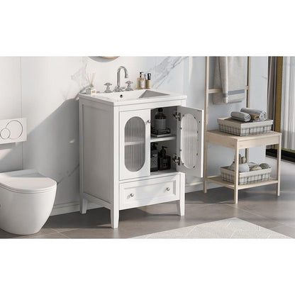 24" Bathroom Vanity with Sink, Bathroom Vanity Cabinet with One Drawer and Doors, Adjustable Shelf, Solid Wood and MDF, White