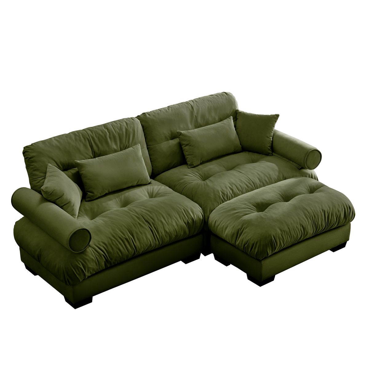 Modern Oversized Velvet Two-Seater Sofa with Ottoman and Round Bolster Armrests in Olive Green