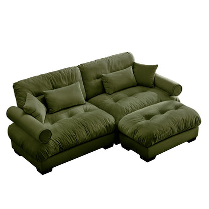 Modern Oversized Velvet Two-Seater Sofa with Ottoman and Round Bolster Armrests in Olive Green