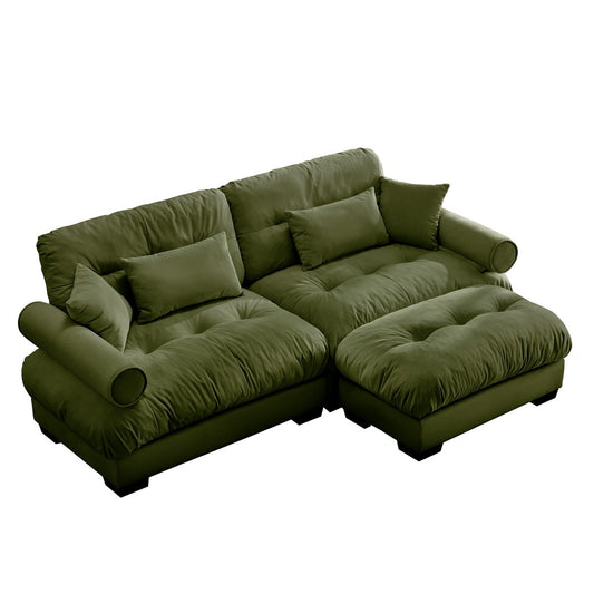 Modern Oversized Velvet Two-Seater Sofa with Ottoman and Round Bolster Armrests in Olive Green