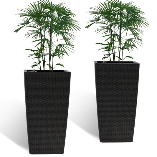 Square Planter for Indoor or Outdoor Use, 22-Inch High Faux Rattan Design Flower Pot with Automatic Watering System for Porch, Patio, Backyard, Makes Keeping Flowers Easier (Pack of 2, Black)